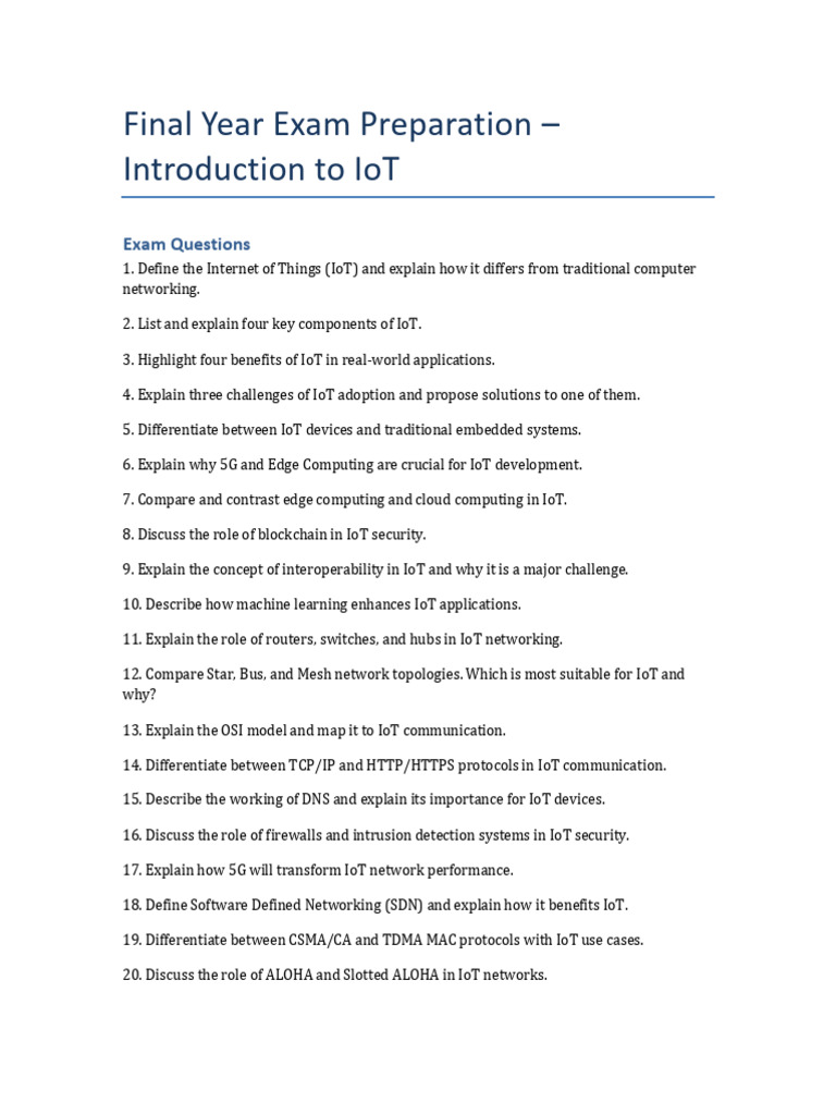 IoT Exam Questions and Key Concepts | PDF | Internet Of Things ...