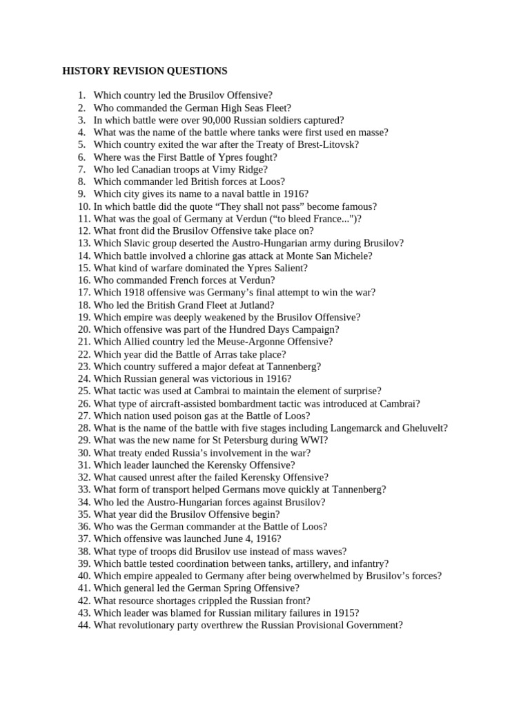 History Revision Questions | PDF | World War I | German Empire