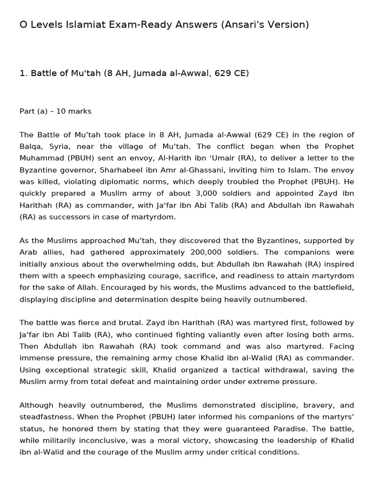 O Levels Islamiat: Battle of Mu'tah Insights | PDF | Muhammad | Life Of ...