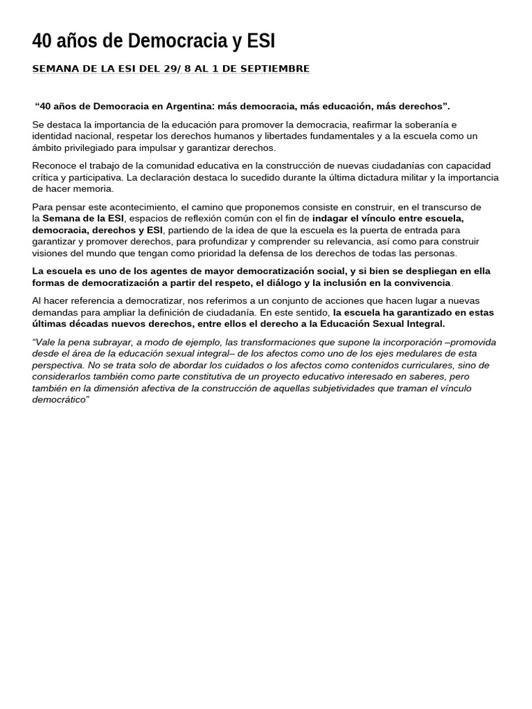 40 Años de Democracia y ESI en Argentina | PDF | Democracia ...