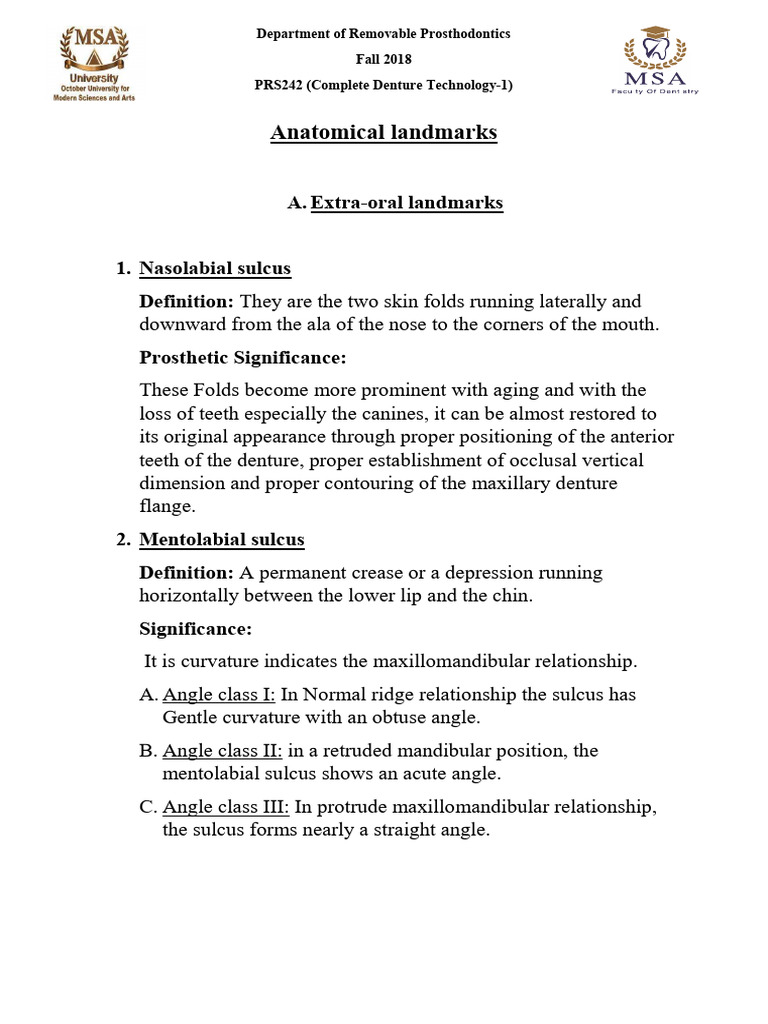 Anatomical Landmarks Notes MSA | PDF | Dentures | Tongue