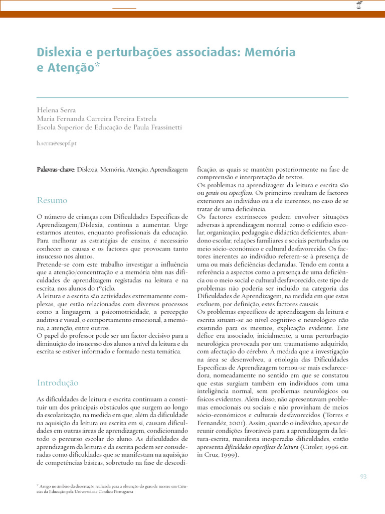 Dislexia: Memória e Atenção na Aprendizagem | PDF | Memória | Aprendizado