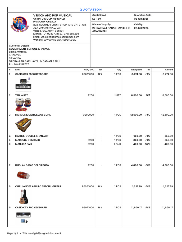 Quotation for Musical Instruments Purchase | PDF | Payments | Economy ...