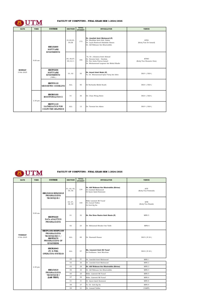 Final Exam Schedule Semester 1 Ug | PDF