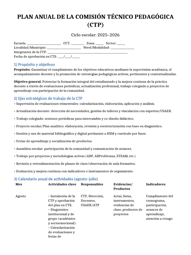 Plan Anual CTP 2025 2026 | PDF | Enseñando | Plan de estudios