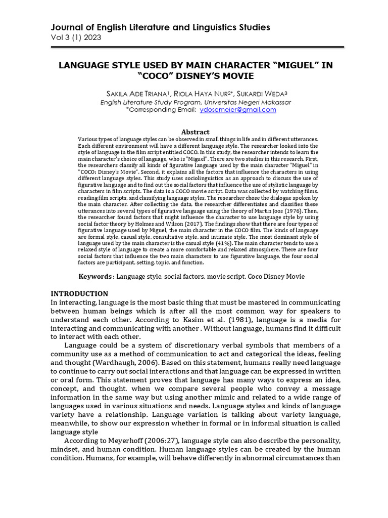 Language Style in Disney's Coco Film | PDF | Sociolinguistics | Linguistics
