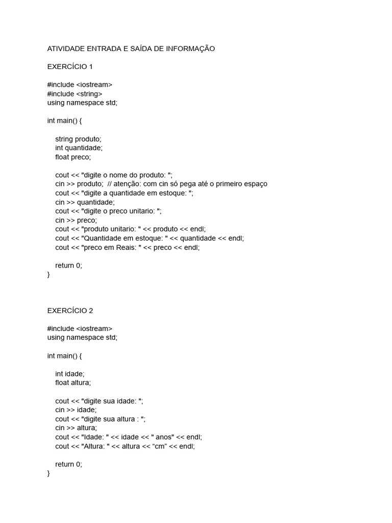 Exemplos de Entrada e Saída em C++ | PDF