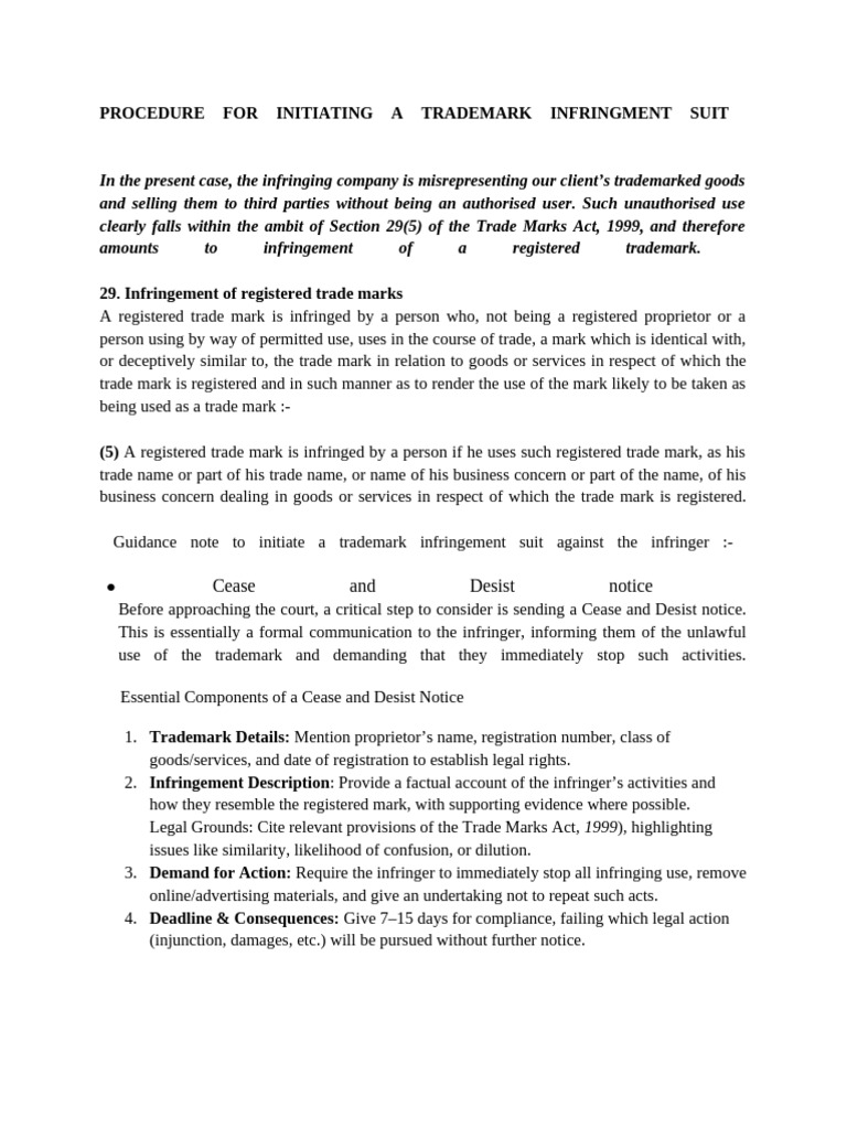 Trademark Infringement Suit Procedure | PDF | Trademark | Lawsuit