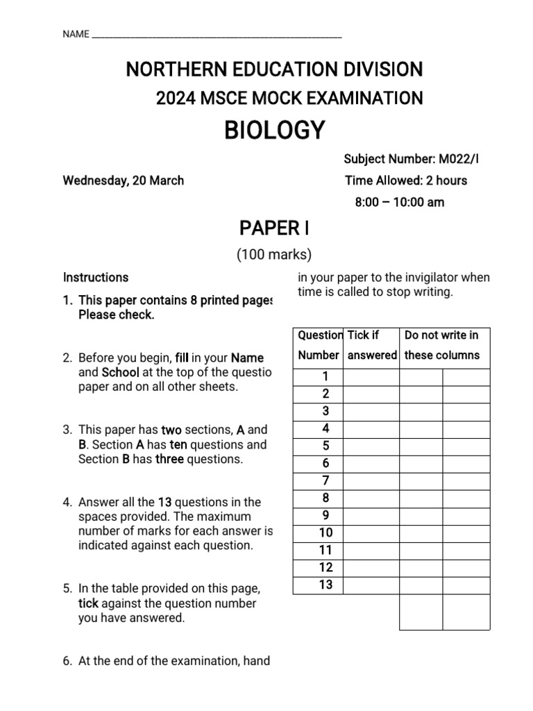 2024 MSCE Biology Mock Exam Paper | PDF | Evolution | Breathing