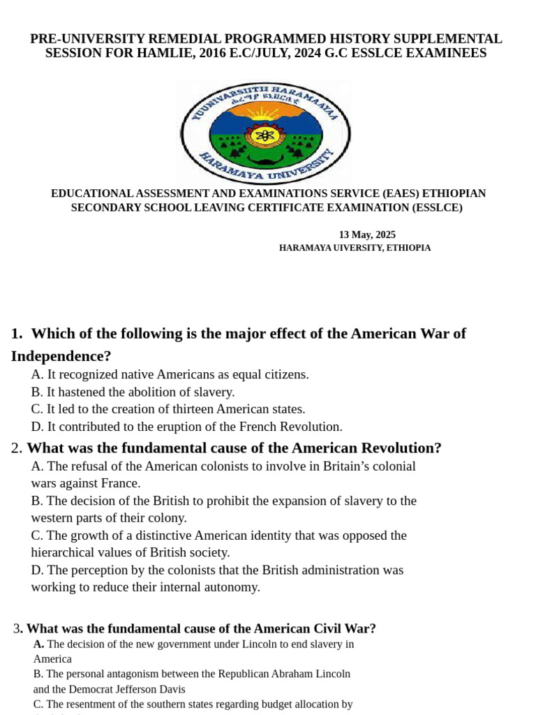 ESSLCE History Remedial Program 2024 | PDF | Ethiopia