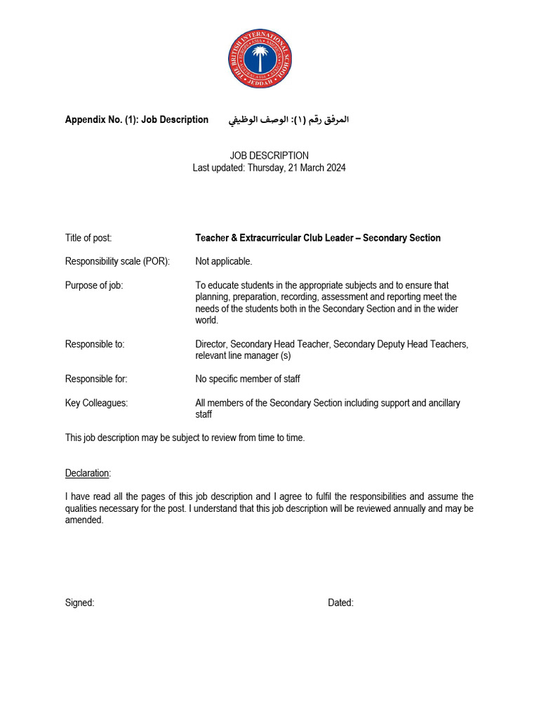 Appendix No.1 - Job Description Teacher & Club Leader Secondary March ...