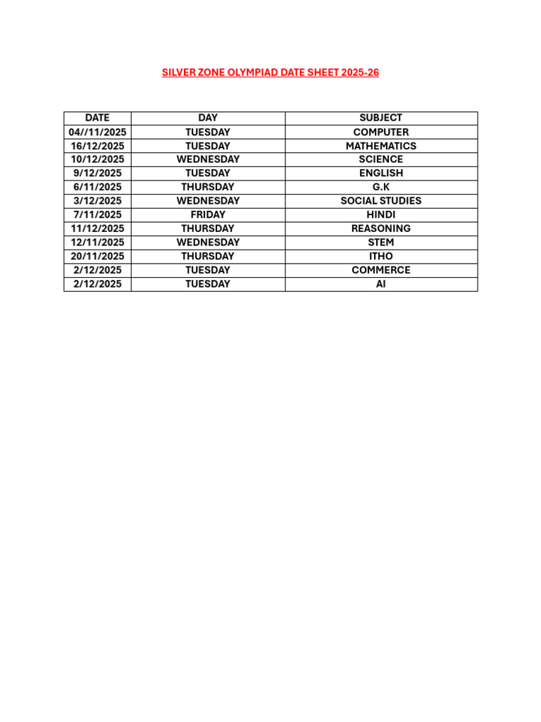 Silver Zone Olympiad 2025-26 Dates | PDF