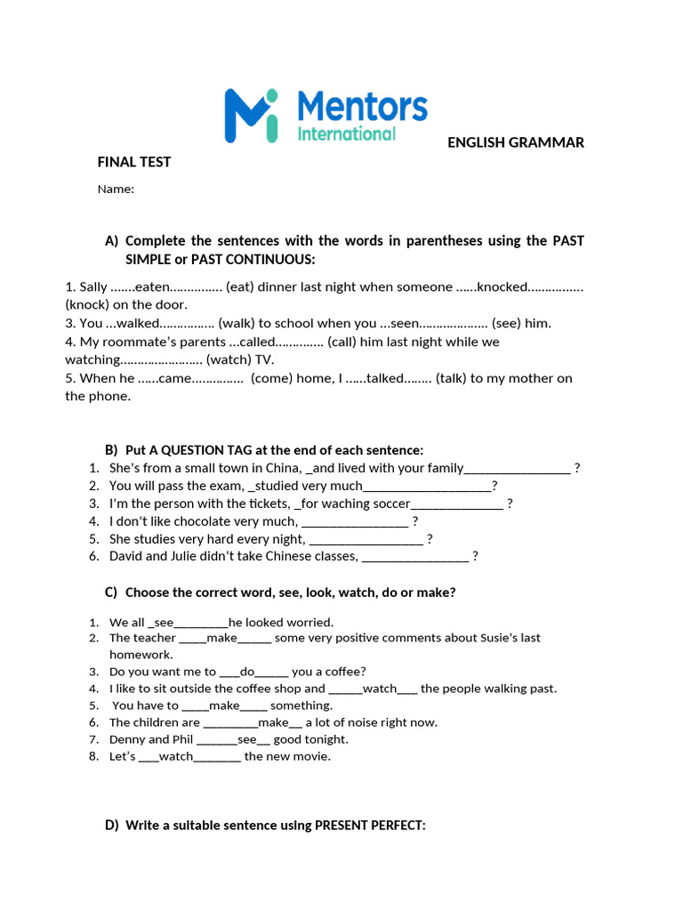 English Final Grammar Test Int. Blank | PDF | Linguistics | Grammar