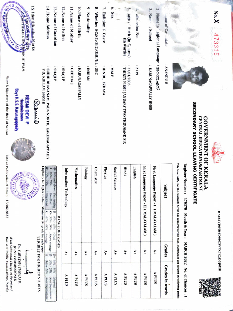 SSLC Certificate Details for Anandus | PDF