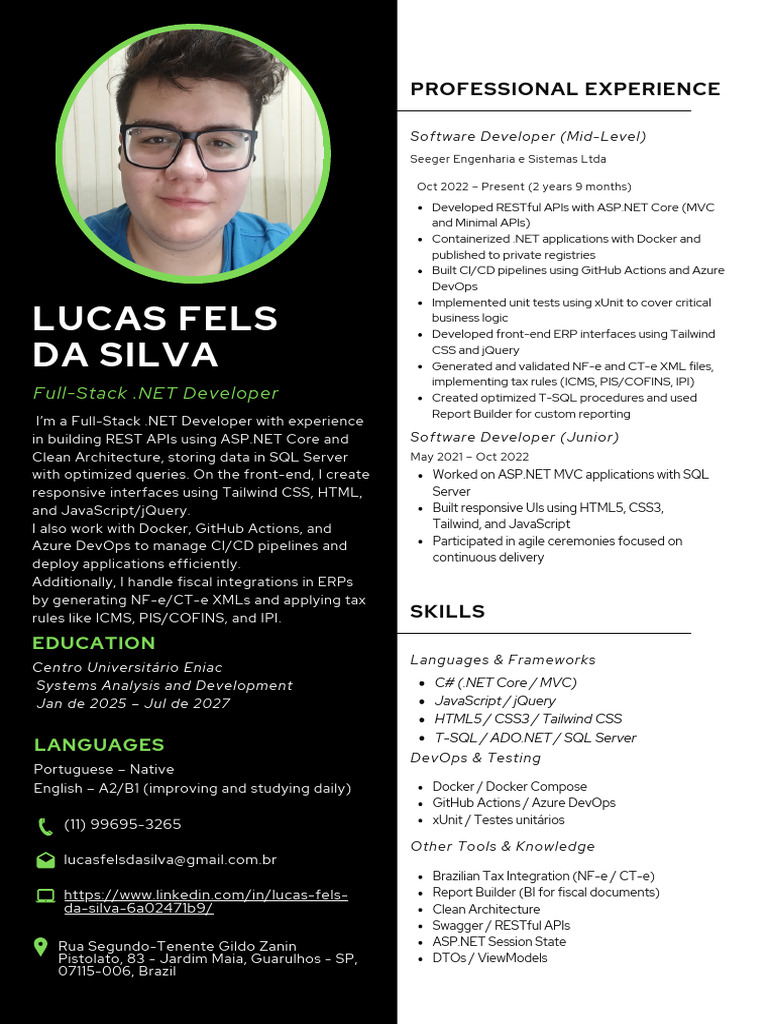 Resume Lucas Fels Da Silva | PDF | J Query | Microsoft Sql Server