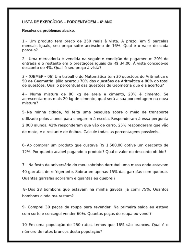 Exercícios de Porcentagem para 6º Ano | PDF