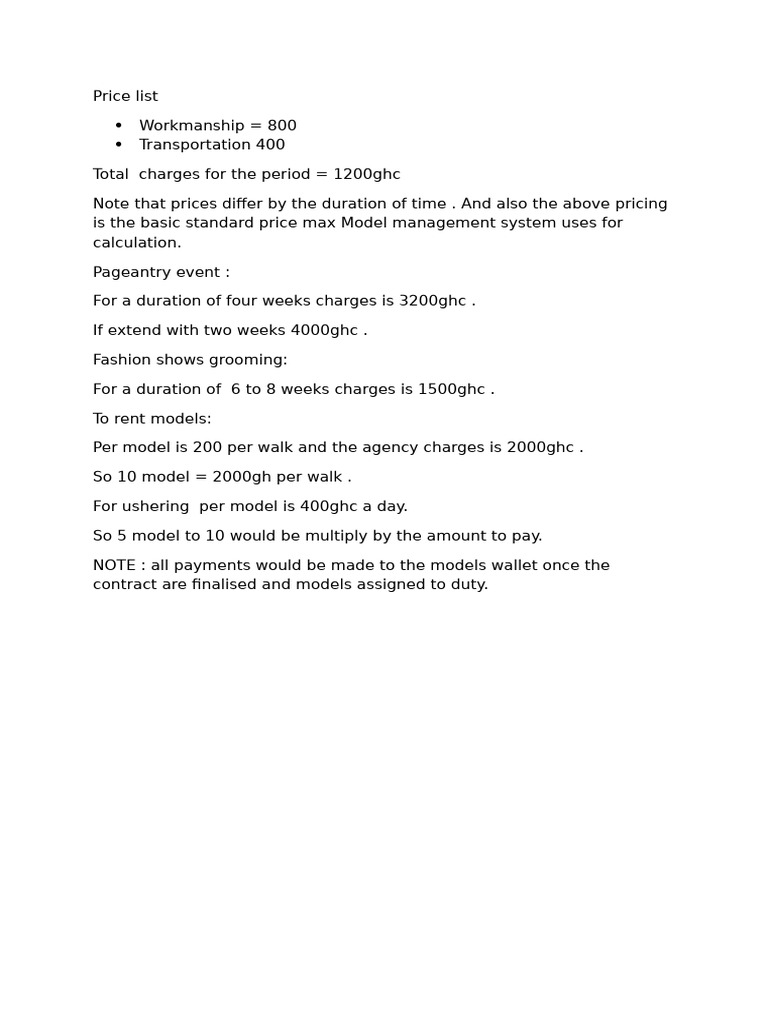 Model Management Pricing Overview | PDF