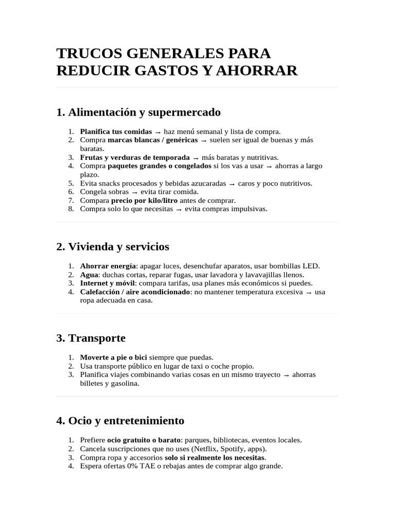 Trucos Generales para Reducir Gastos y Ahorrar | PDF