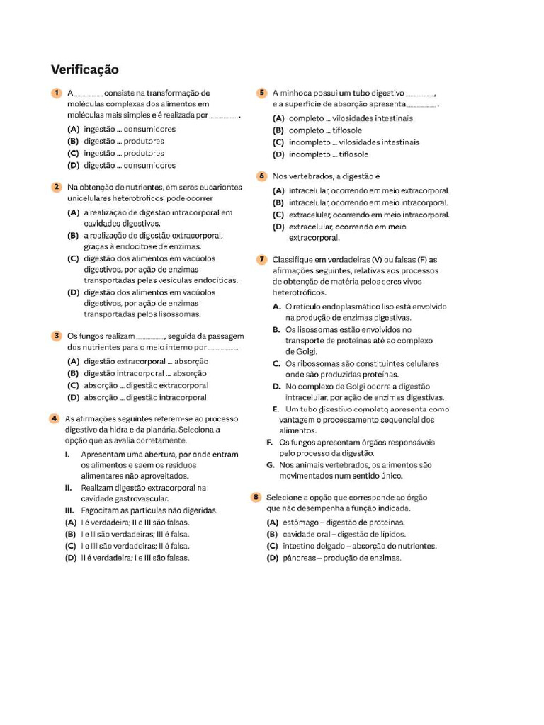 Exercícios Obtenção de Matária Heterotróficos - CA | PDF