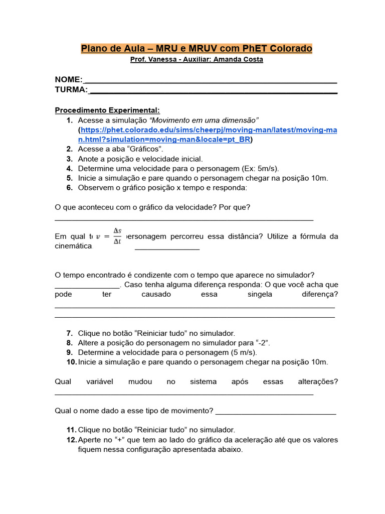 Aula Prática: MRU e MRUV com PhET | PDF | Velocidade | Tempo
