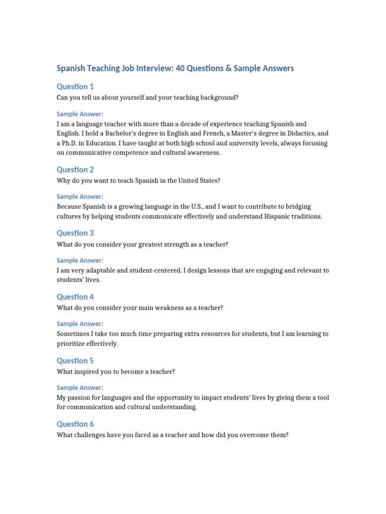 Spanish Teaching Interview Questions & Answers | PDF | Teachers ...