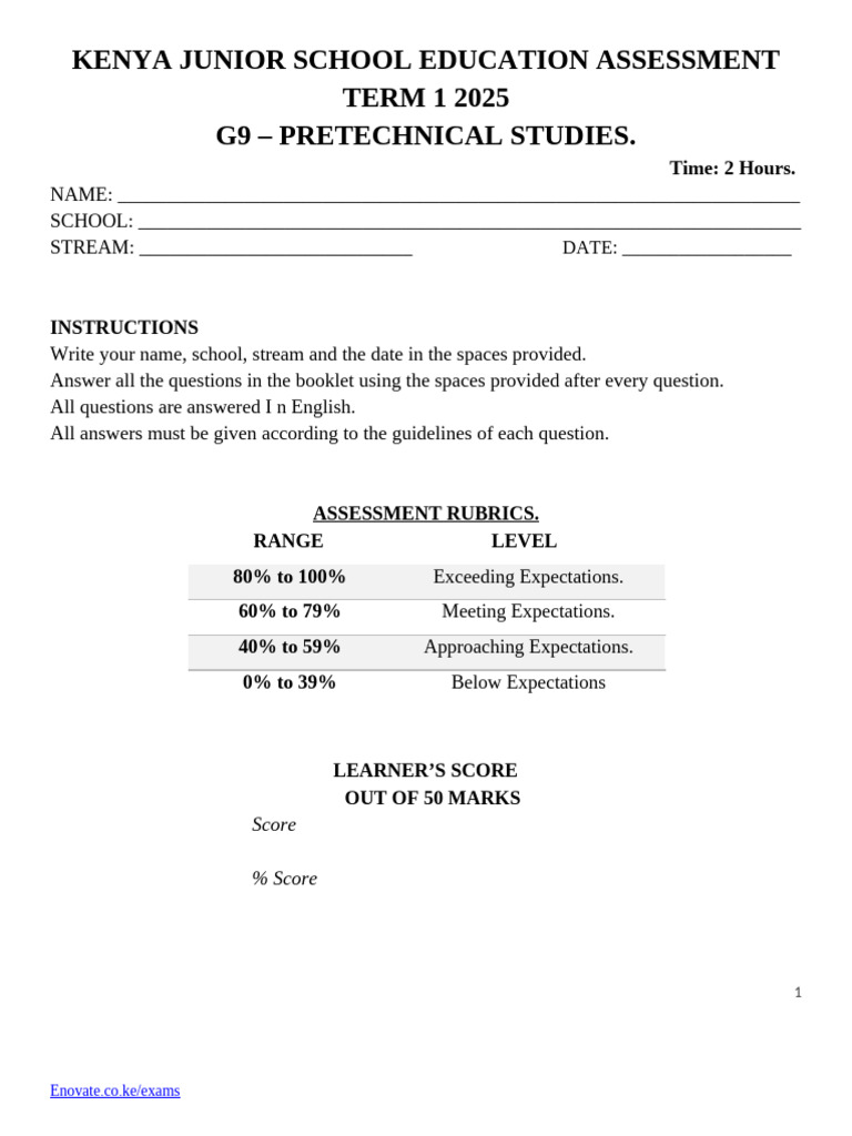 Kenya G9 Pretechnical Studies Assessment | PDF