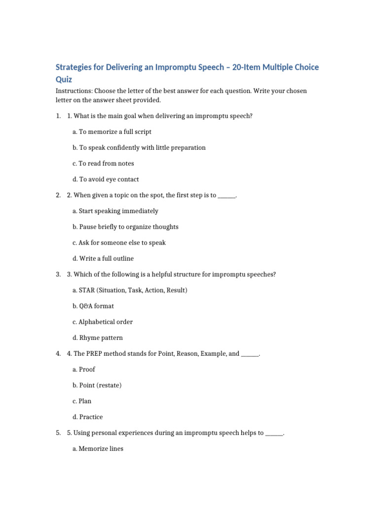 Impromptu Speech Strategies Quiz | PDF | Speech | Human Communication