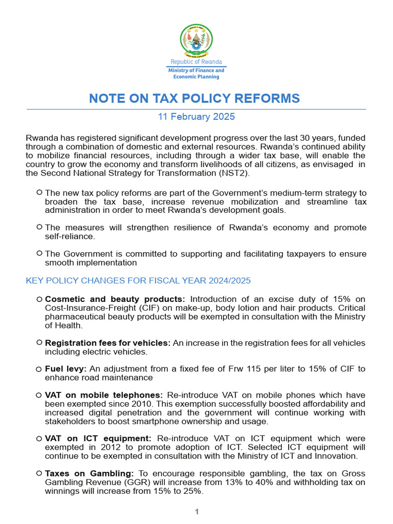 Rwanda 2024/2025 Tax Policy Reforms | PDF | Taxes | Value Added Tax