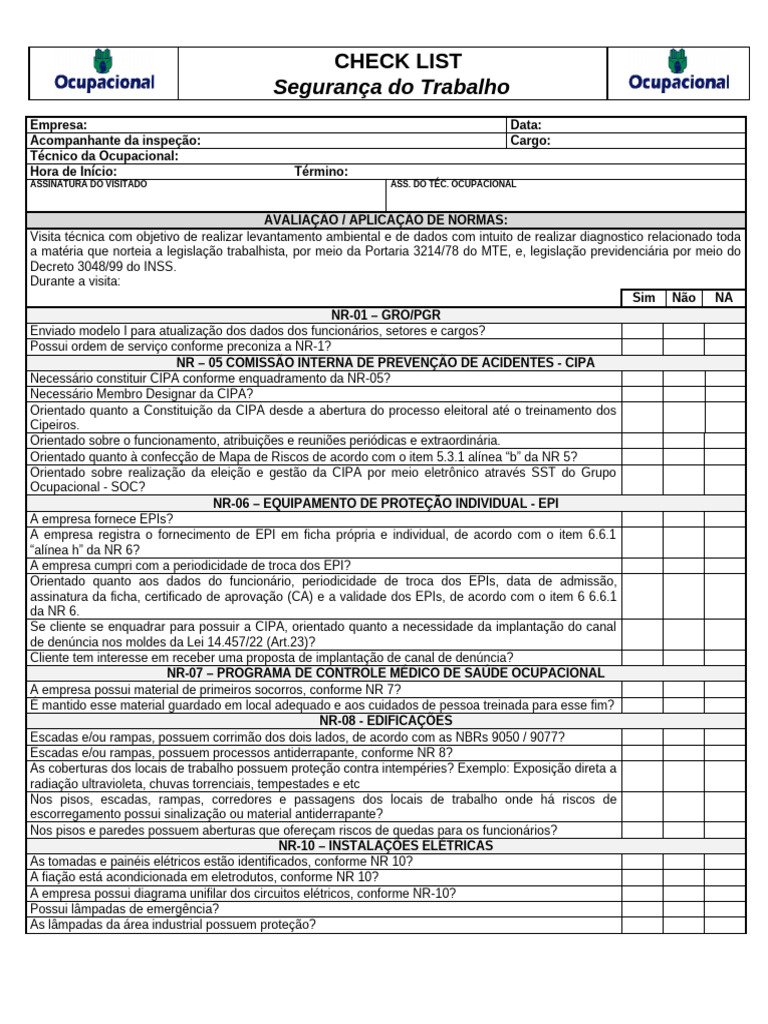 Checklist de Segurança do Trabalho | PDF | Segurança e saúde ocupacional