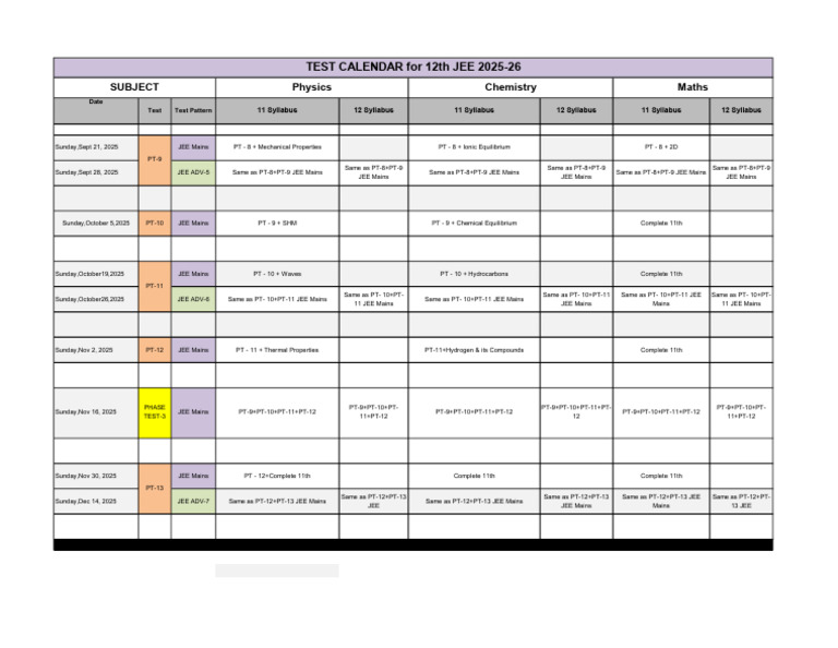 JEE 2025-26 Test Calendar | PDF | Chemistry | Physical Sciences