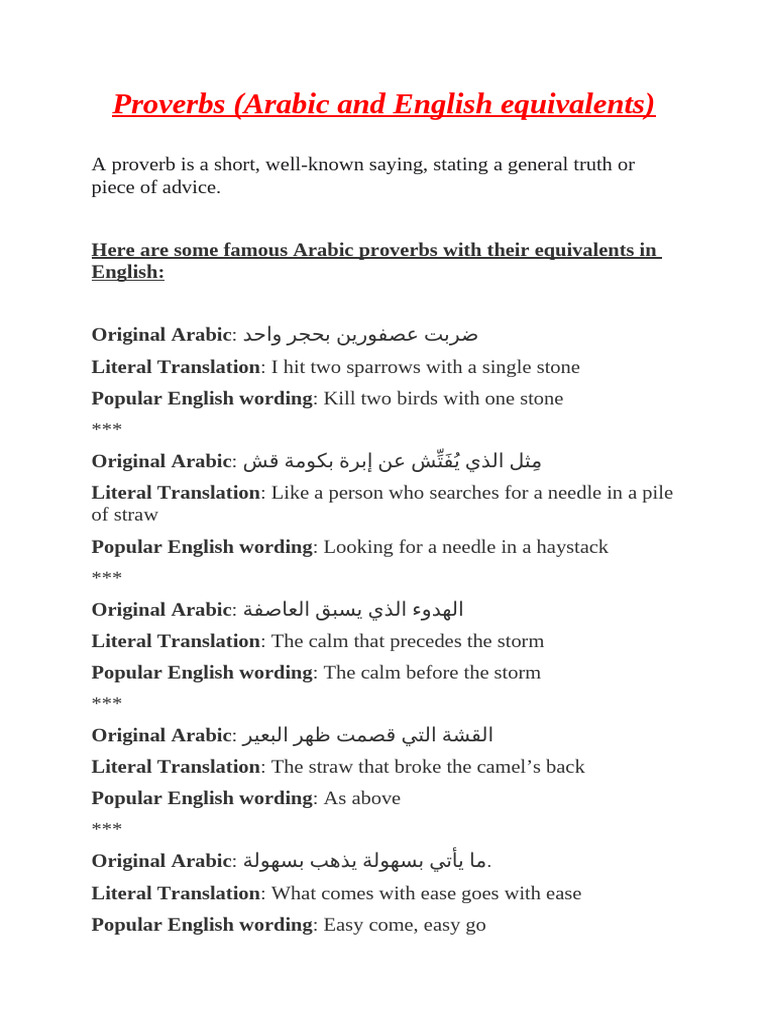 Arabic Proverbs and Their English Equivalents | PDF