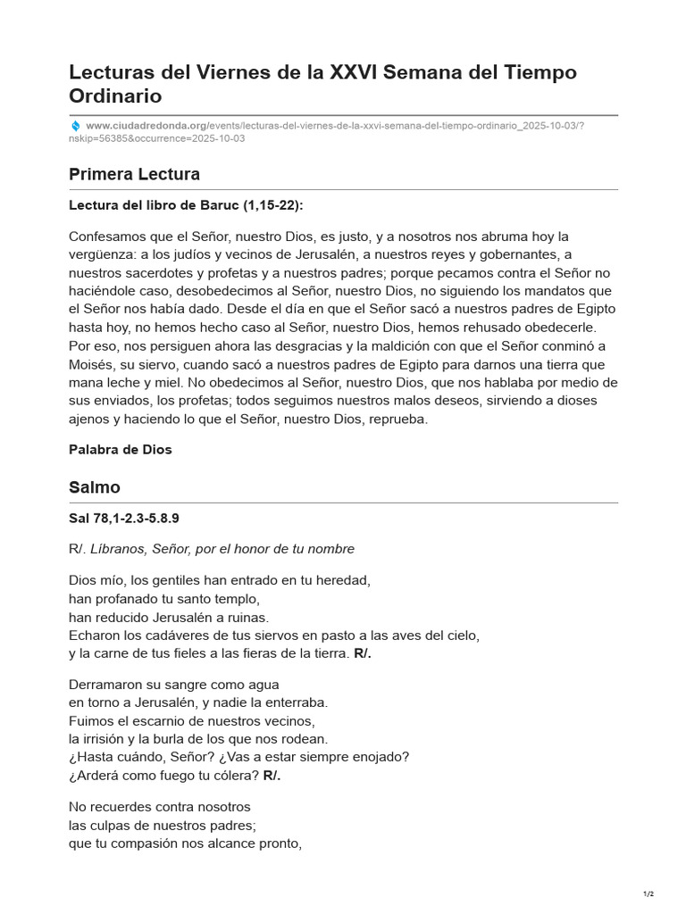 Lecturas Del Viernes de La XXVI Semana Del Tiempo Ordinario | PDF ...