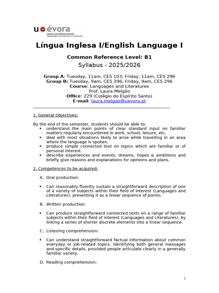 English Language I Syllabus 2025/2026 | PDF | English Language | Human ...