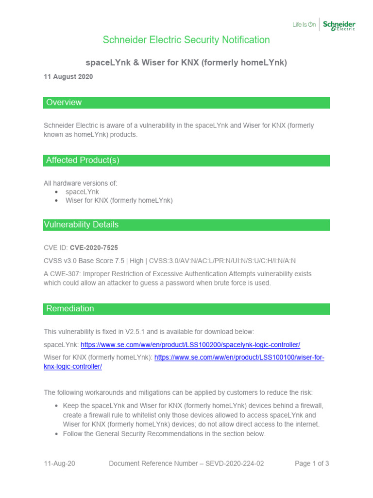 Schneider Electric SpaceLYnk Vulnerability Alert | PDF | Computer ...