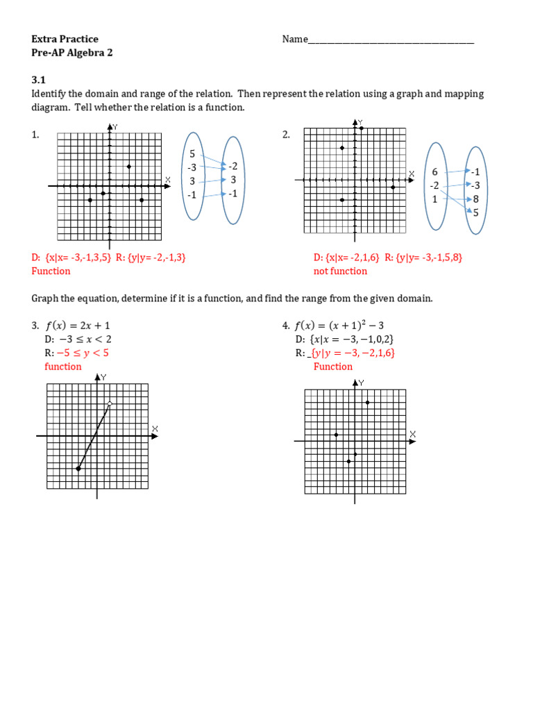 Algebra 2 Domain, Range, and Functions Practice | PDF | Function ...