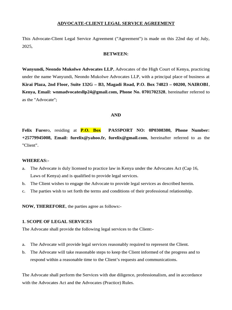 Advocate-Client Legal Service Agreement | PDF | Fee | Legal Liability
