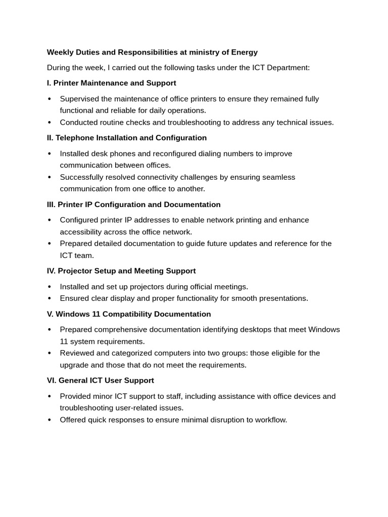 Weekly Duties and Responsibilities. | PDF