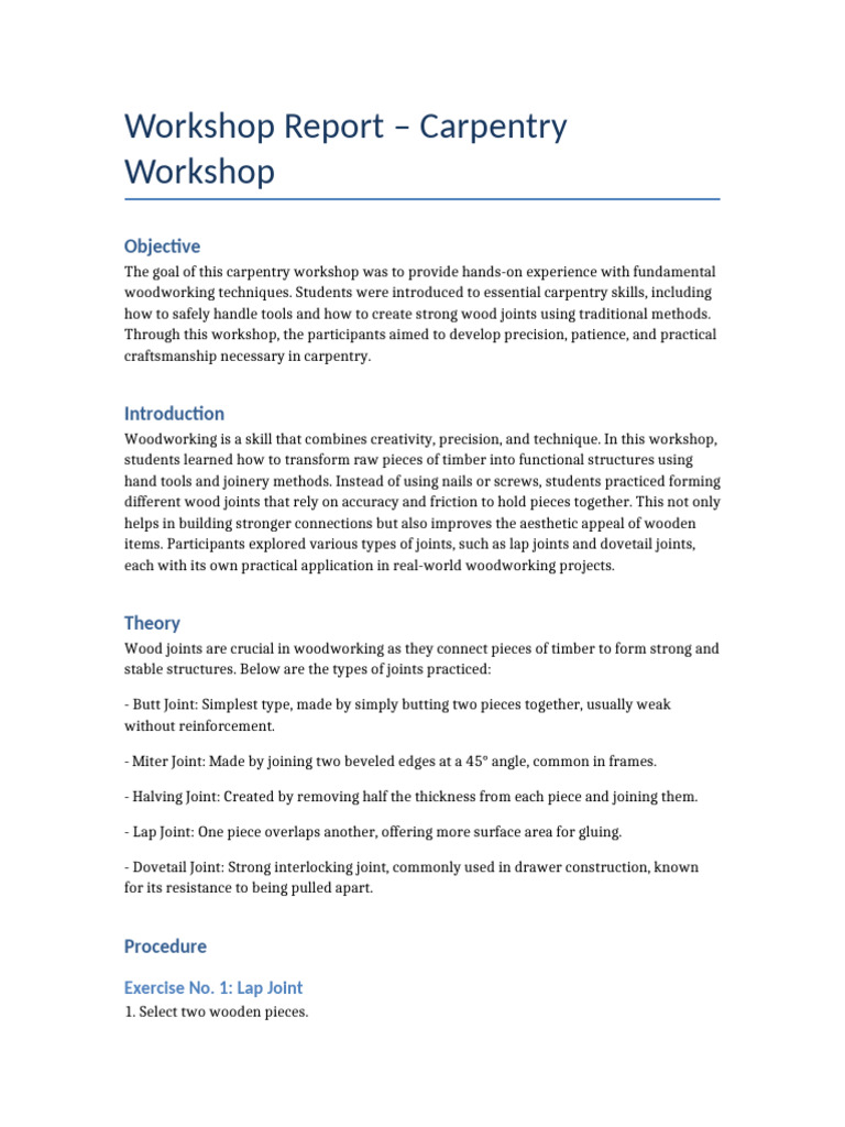 Carpentry Workshop Report: Wood Joints | PDF | Woodworking