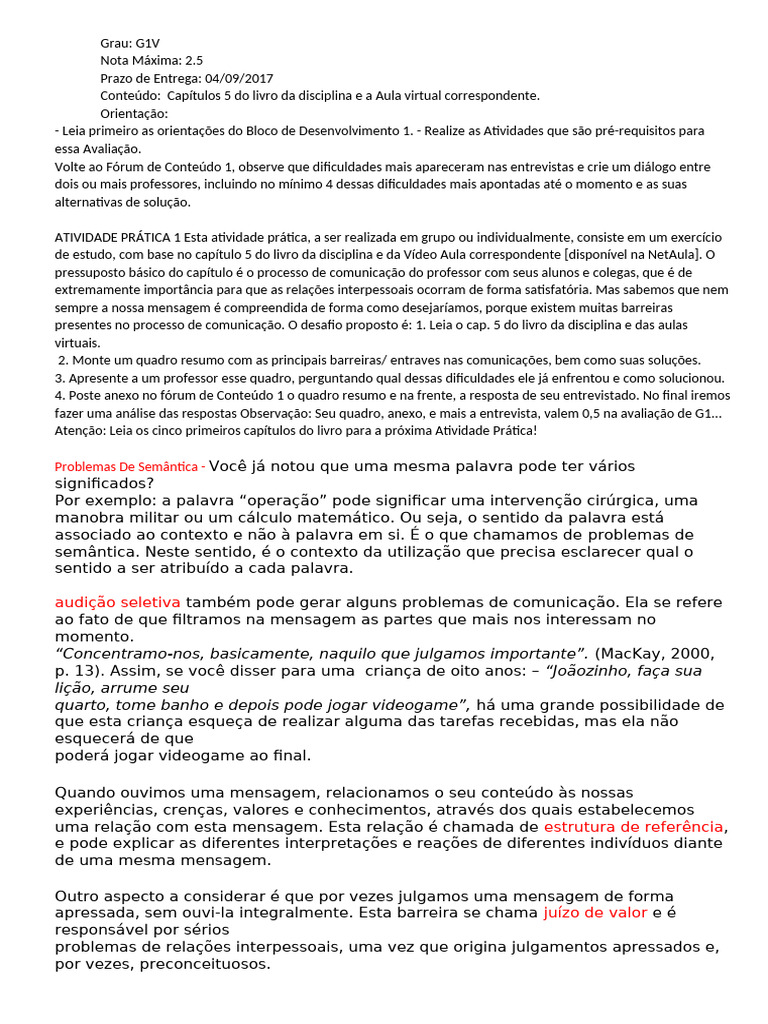 Avaliação Discursiva 1 | PDF | Comunicação | Aprendizado