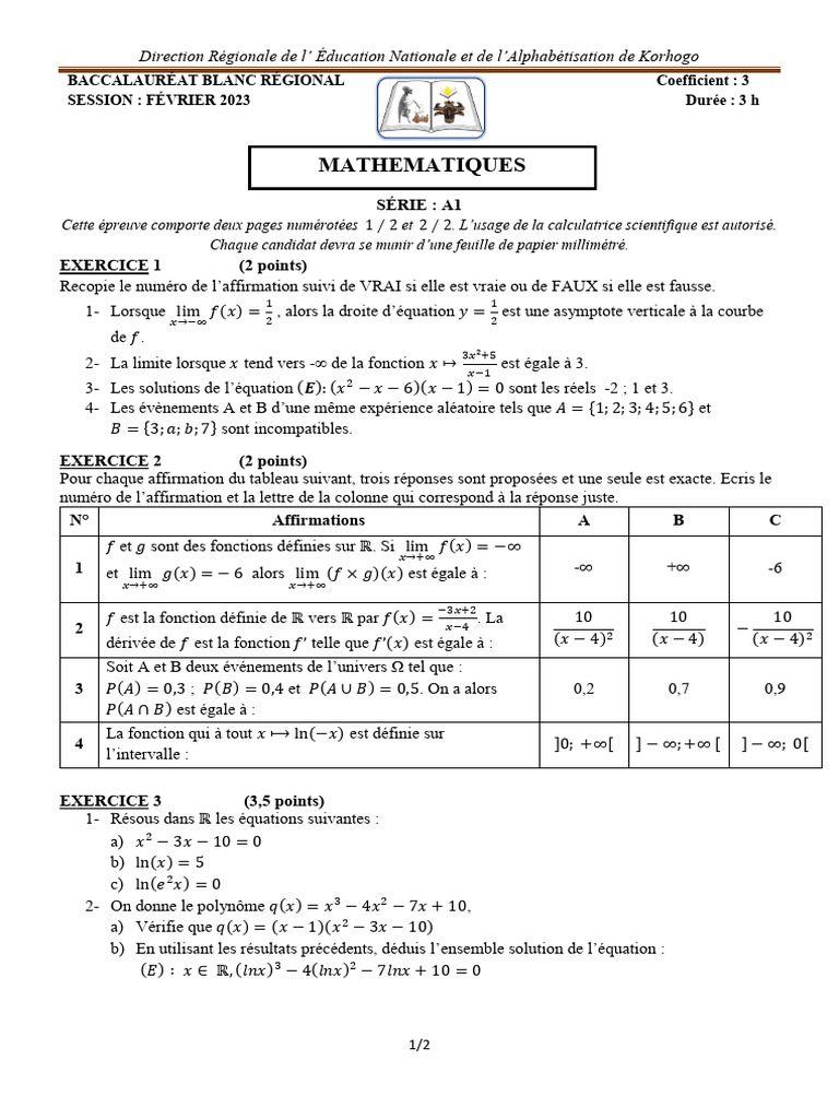 Baccalauréat Blanc Mathématiques 2023 | PDF | Limite (mathématiques ...