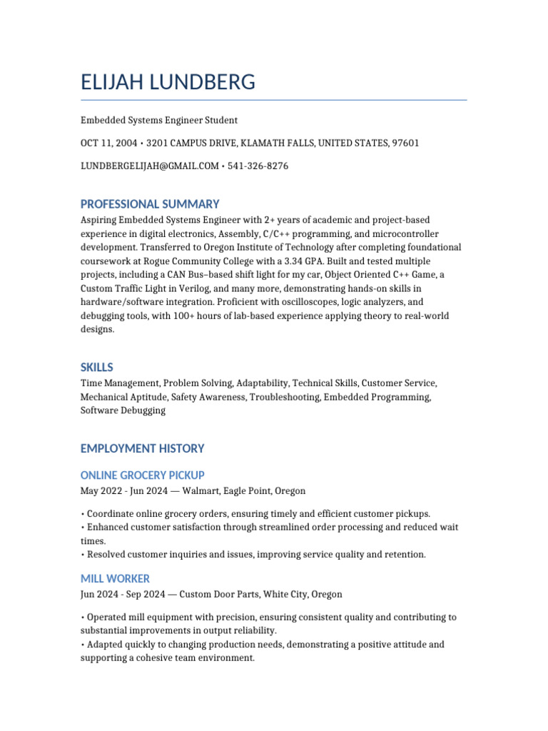 Aspiring Embedded Systems Engineer Resume | PDF