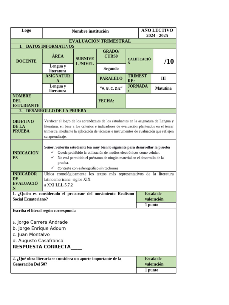 Evaluación Trimestral Lengua y Literatura | PDF