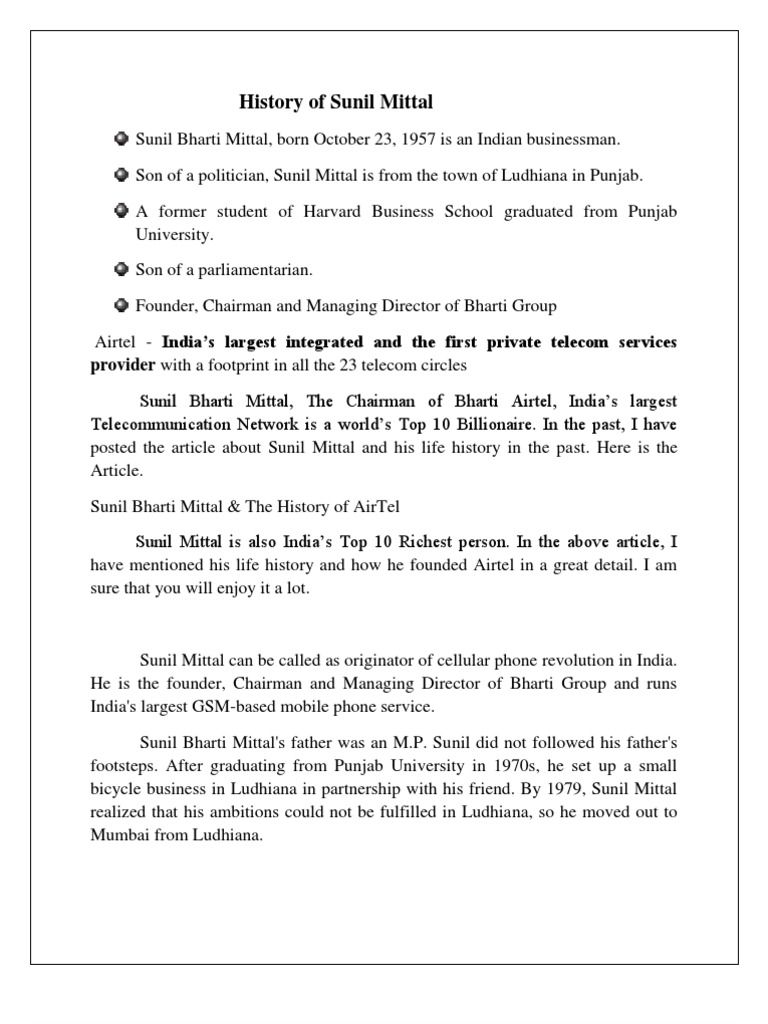 Life History of Sunil Mittal | PDF | Telecommunications | Business