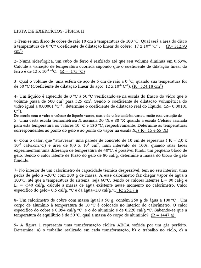 Exercícios de Física II: Dilatação e Calor | PDF | Calor | Temperatura