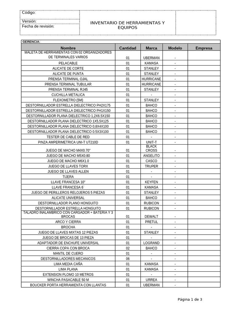 Inventario de Herramientas y Equipos Actualizado | PDF | Bienes ...