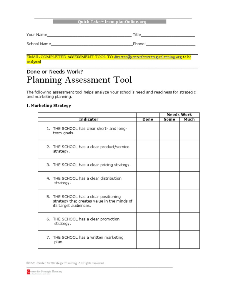 Assessment Tool Strategic Planning Strategic Management