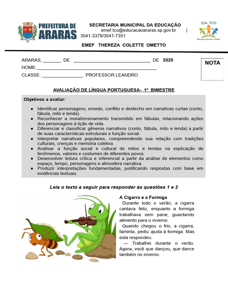 Avaliação de Língua Portuguesa 1º Bimestre | PDF | Osíris