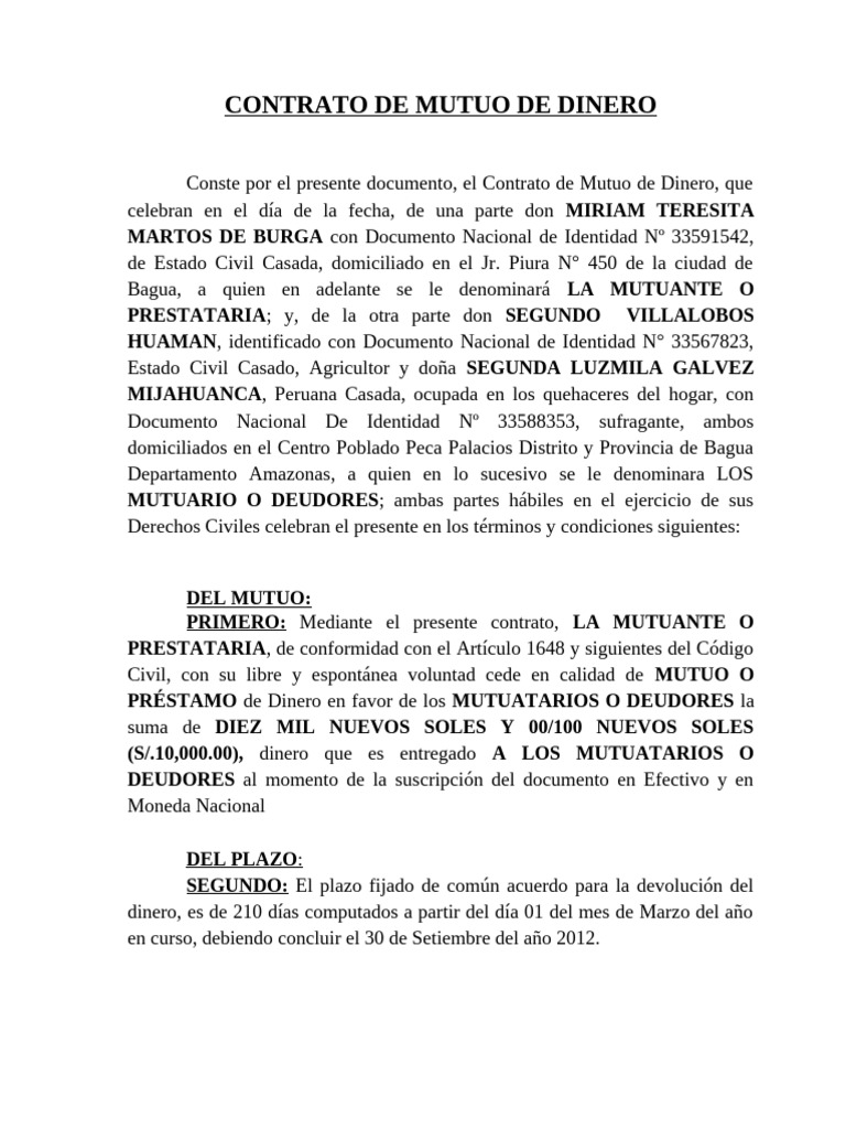 Contrato de Mutuo de Dinero en Perú | PDF