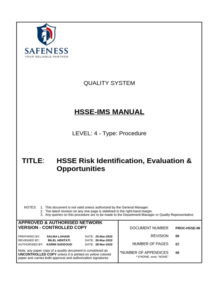 SAFENESS - PROC-HSSE-06 QHSSE Risk Identification, Evaluation ...