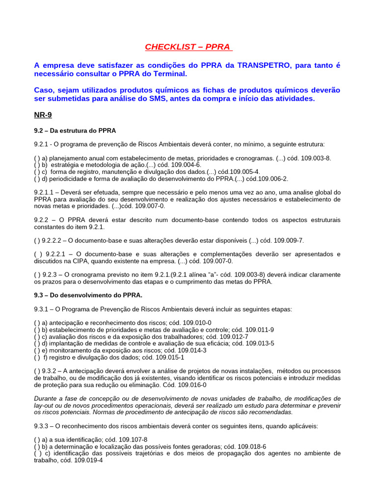Checklist Completo para PPRA na TRANSPETRO | PDF | Planejamento